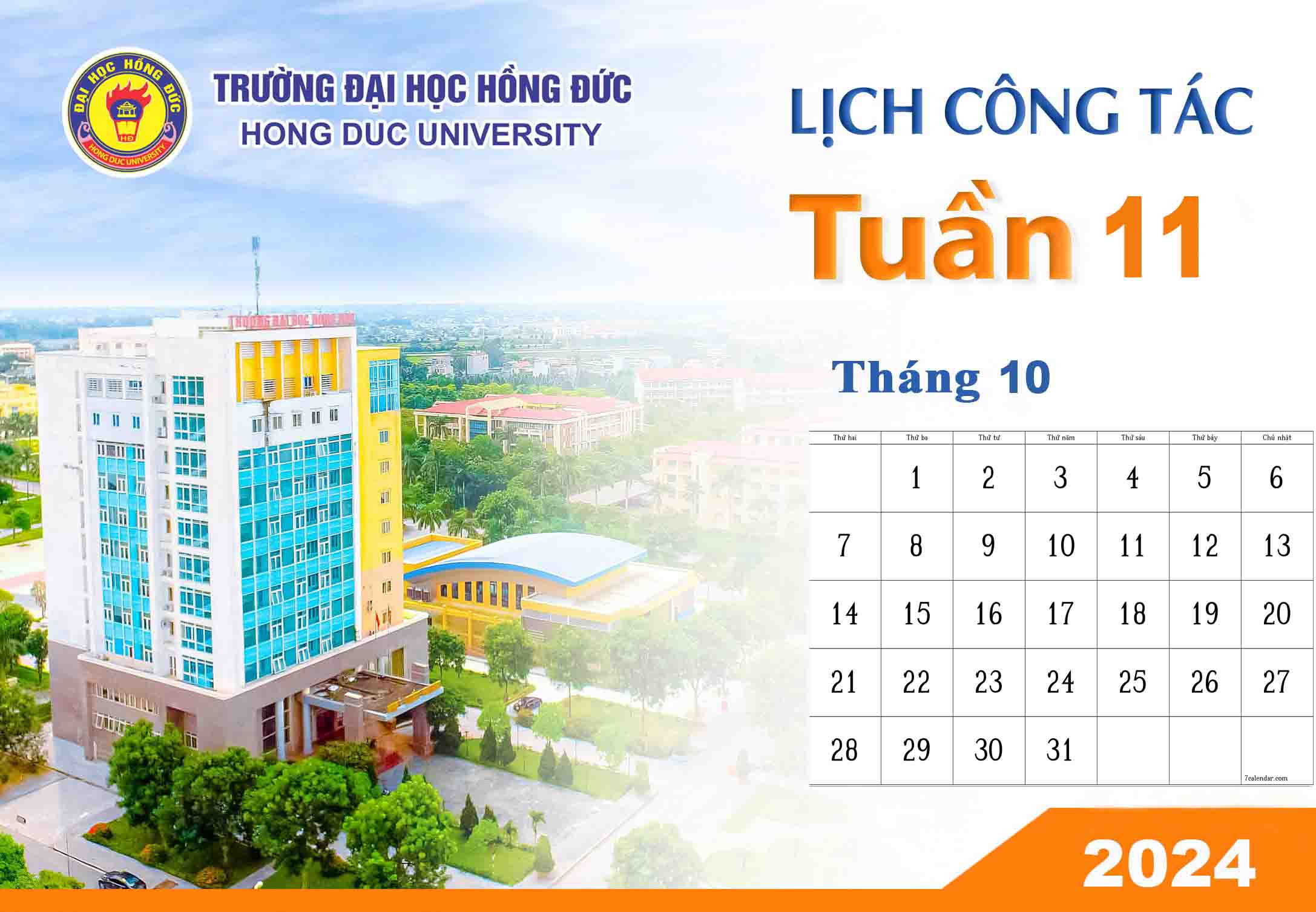 LỊCH CÔNG TÁC TUẦN 11 (Từ ngày 07/10/2024 đến ngày 13/10/2024)